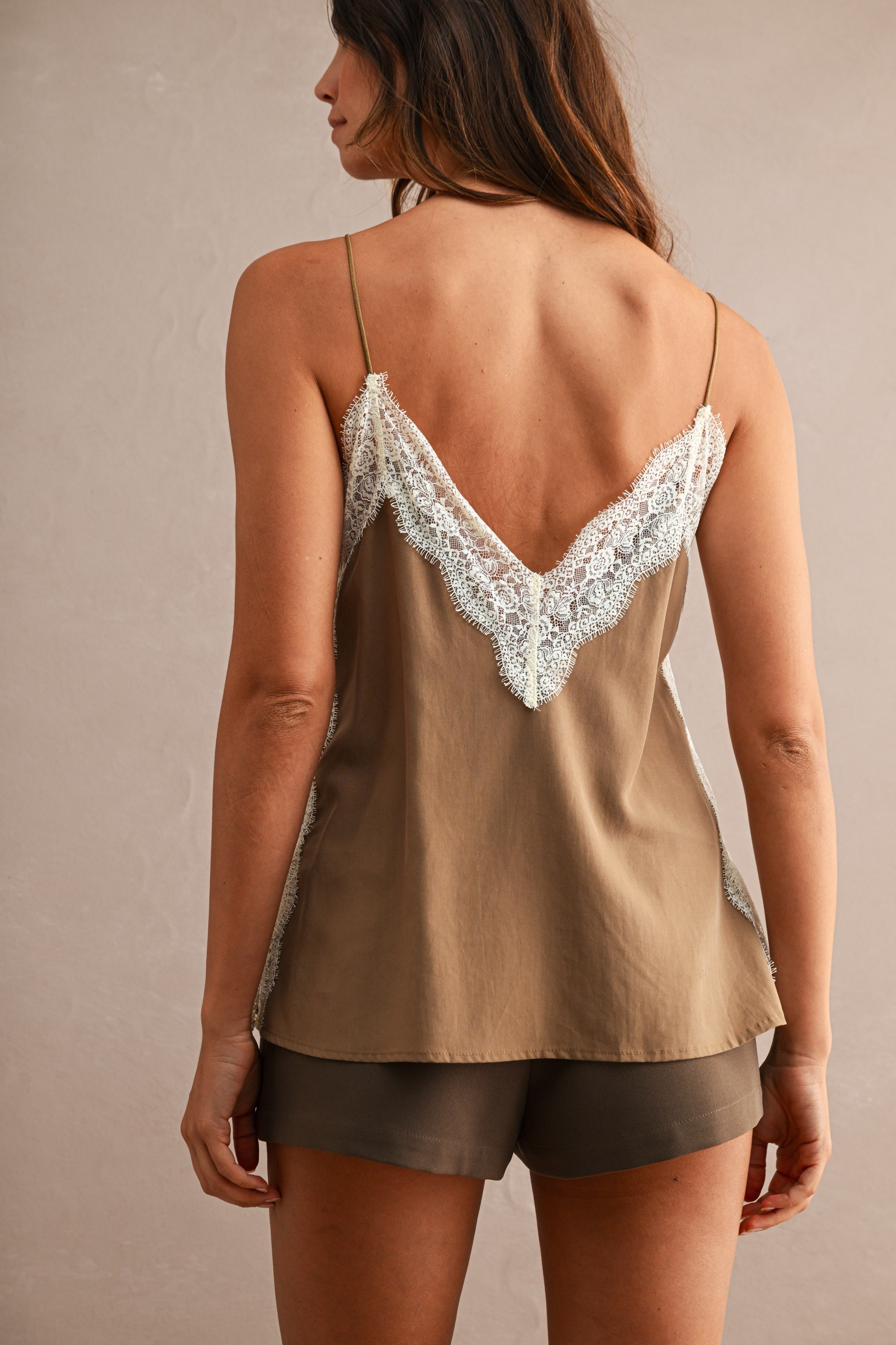 Violetta Lace Trim Cami Top in Mocha