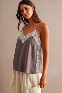Violetta Lace Trim Cami Top in Eggplant