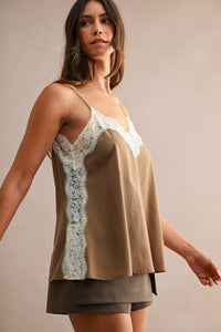 Violetta Lace Trim Cami Top in Mocha