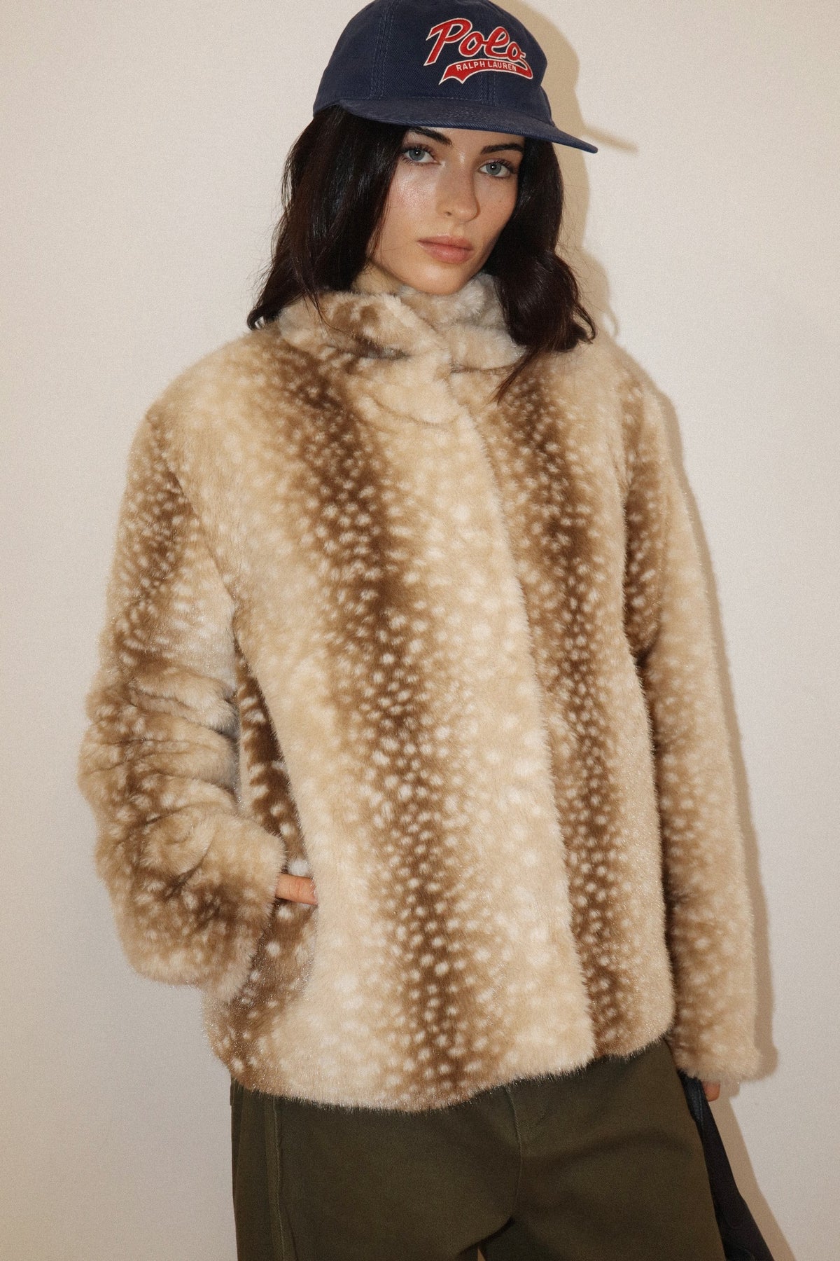 Fawn Faux Fur Snap Front Jacket in Taupe