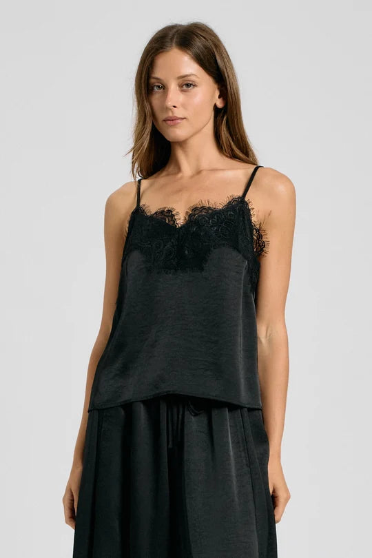 Onyx Satin Lace Trim Cami Set in Black