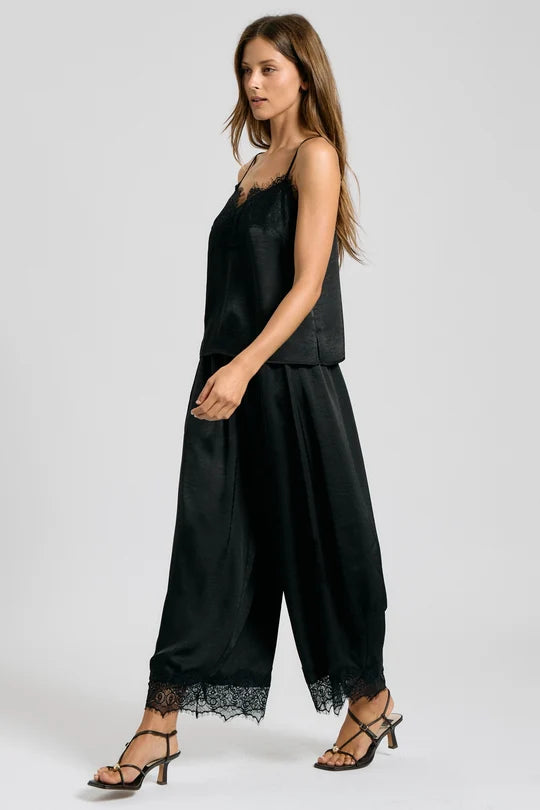 Onyx Satin Lace Trim Cami Set in Black