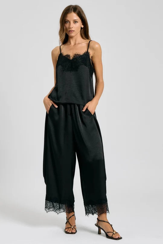 Onyx Satin Lace Trim Cami Set in Black