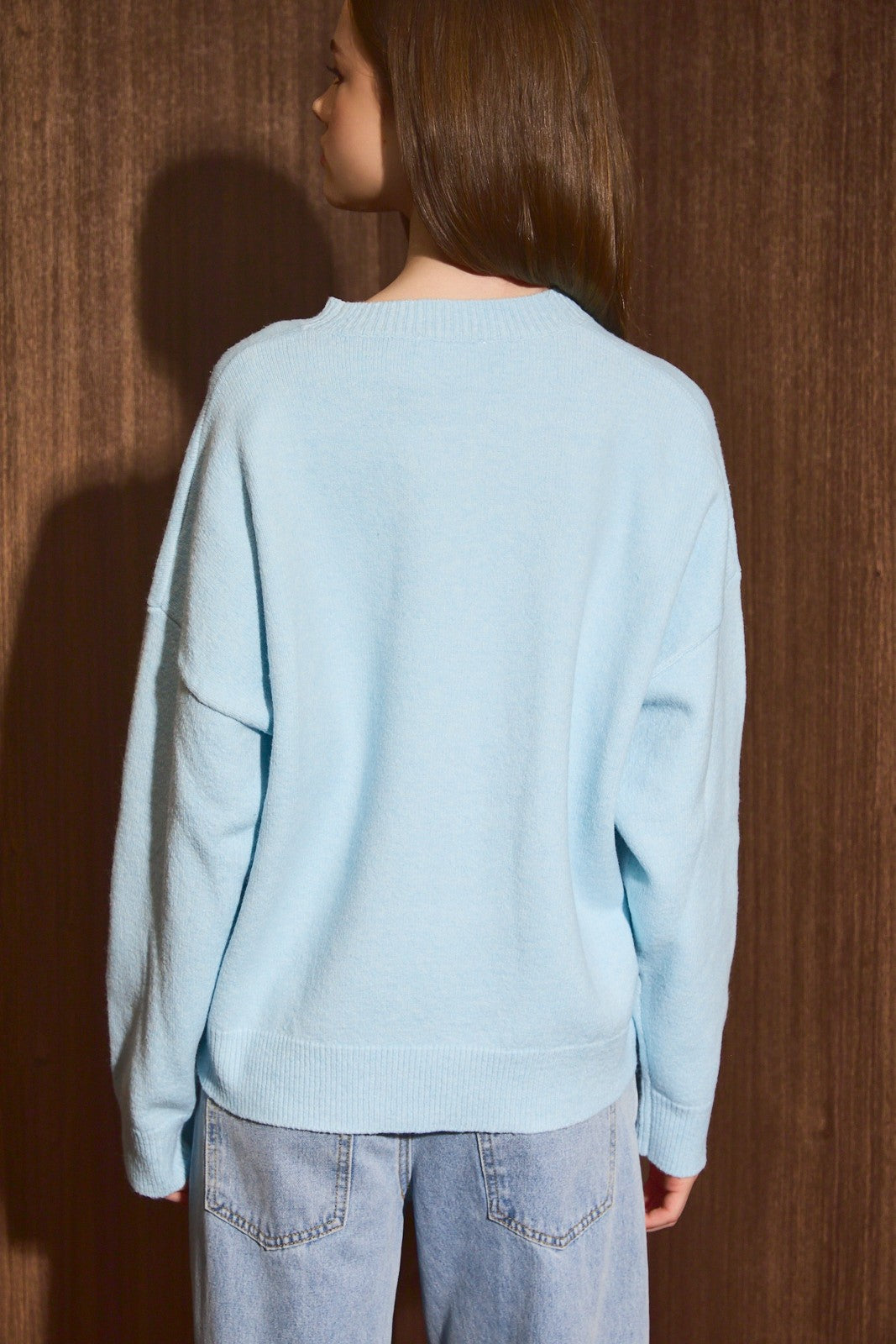 Golden Doodle Graphic Oversized Knit Sweater in Light Blue — close-up of knit golden doodle dog graphic