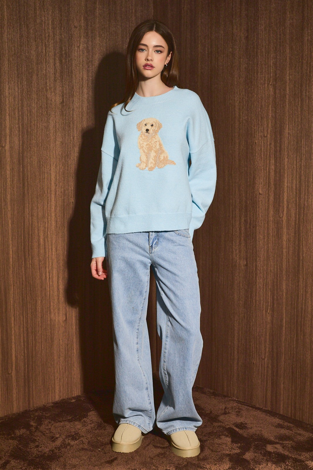 Golden Doodle Graphic Oversized Knit Sweater in Light Blue — styled on model with bottoms