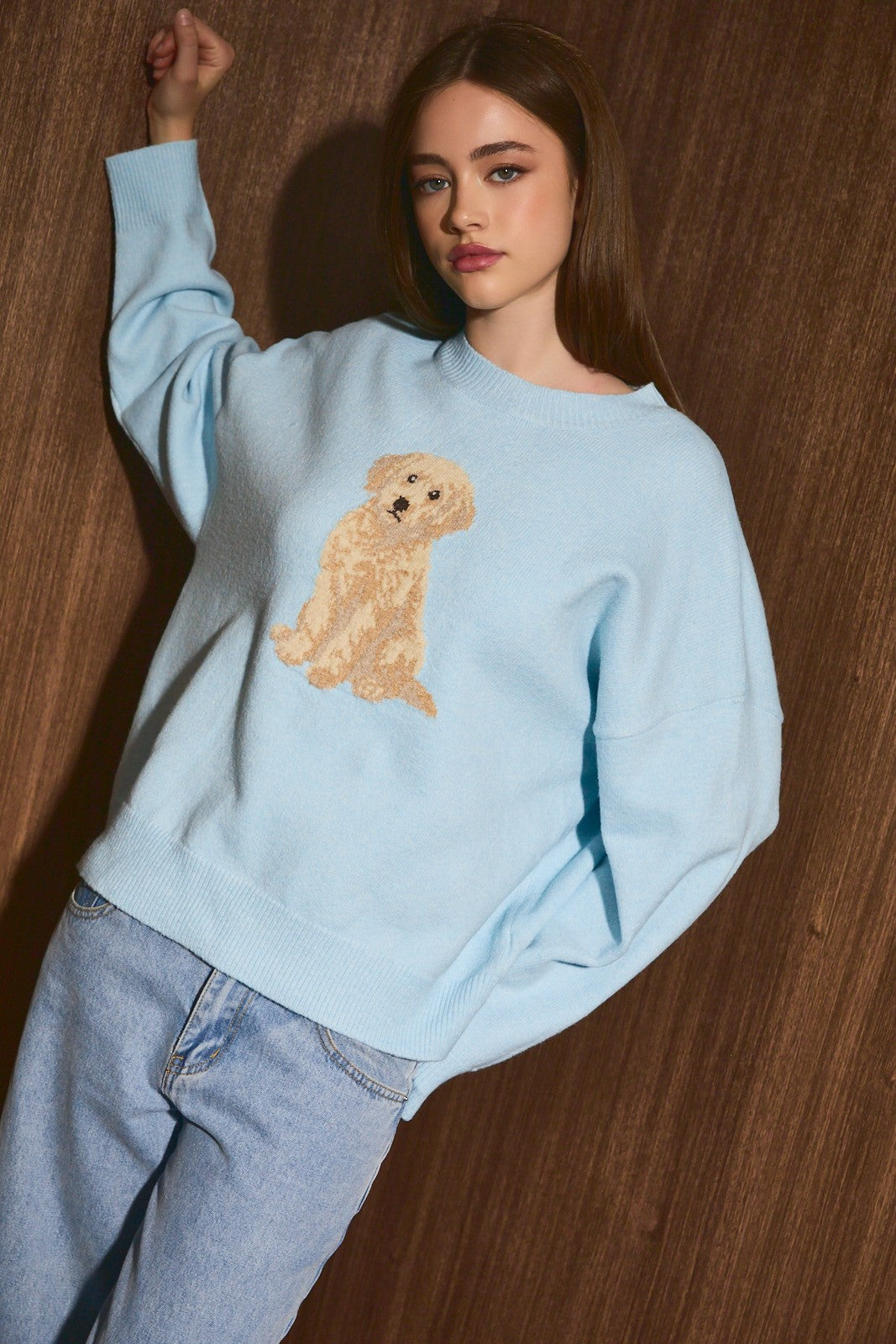 Golden Doodle Graphic Oversized Knit Sweater in Light Blue — front view on model showing dog graphic