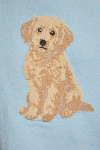 Golden Doodle Graphic Oversized Knit Sweater in Light Blue — back view on model