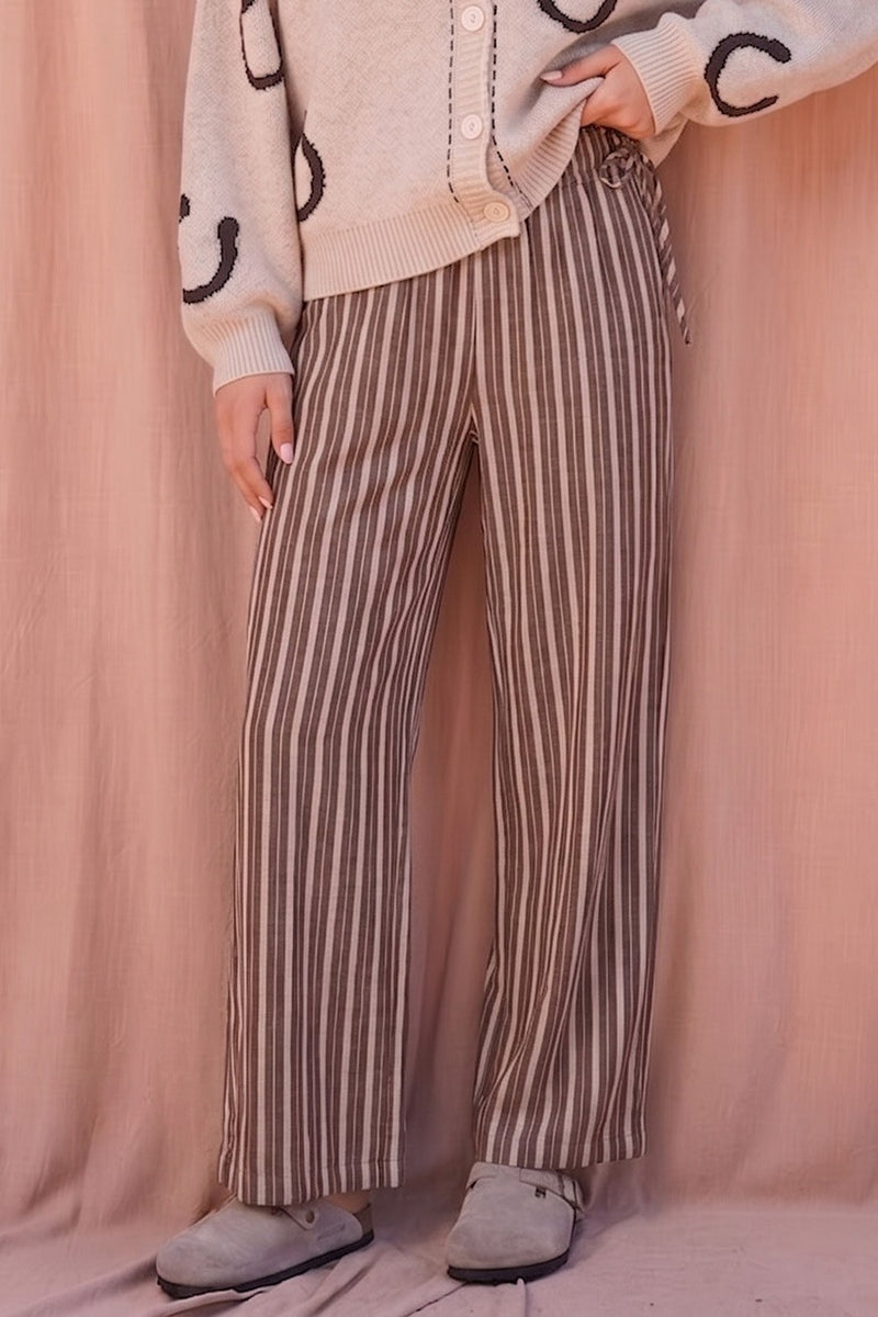 Stripe Drawstring Wide Leg Pants in Brown — front view on model