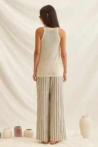 Stripe Drawstring Wide Leg Pants in Taupe — close-up of elastic waistband and stripe print detail