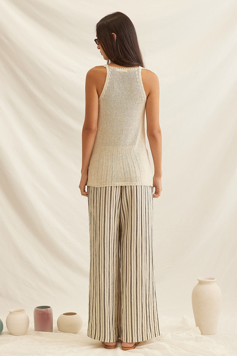 Stripe Drawstring Wide Leg Pants in Taupe — close-up of elastic waistband and stripe print detail