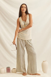 Stripe Drawstring Wide Leg Pants in Taupe — side view showing wide-leg silhouette and drawstring waist