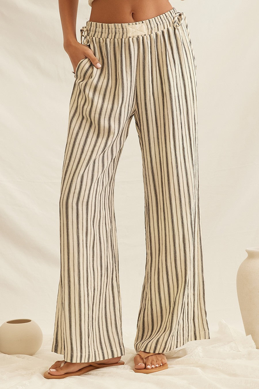 Stripe Drawstring Wide Leg Pants in Taupe — front view on model