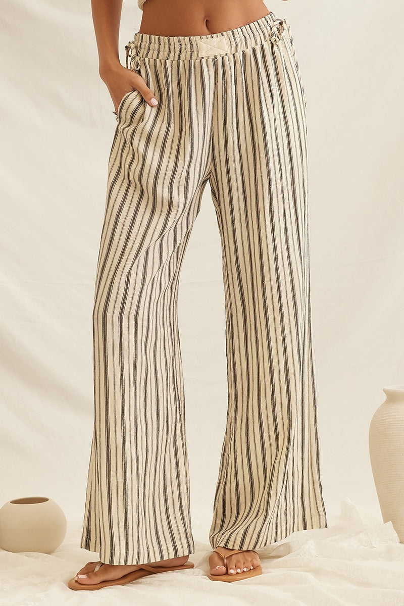 Stripe Drawstring Wide Leg Pants in Taupe — front view on model