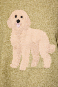Goldendoodle Graphic Oversized Crew Neck Sweater in Olive — back view on model
