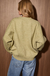 Goldendoodle Graphic Oversized Crew Neck Sweater in Olive — close-up of knit goldendoodle dog graphic