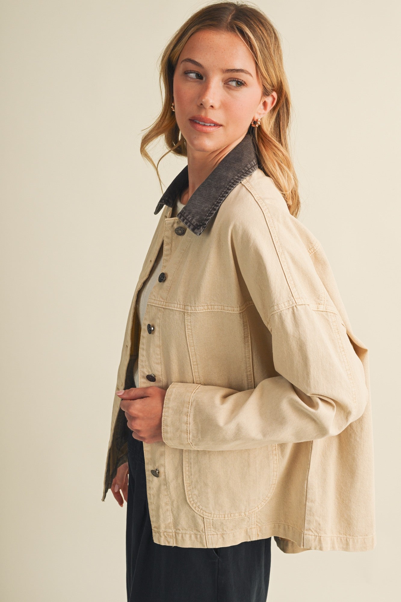 Wren Washed Denim Contrast Collar Jacket