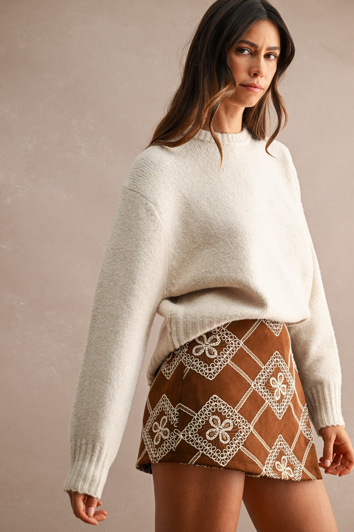 Maison Marled Crew Neck Knit Sweater in Taupe — side view showing dropped shoulders and relaxed fit