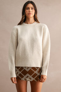 Maison Marled Crew Neck Knit Sweater in Taupe — close-up of soft brushed marled knit texture