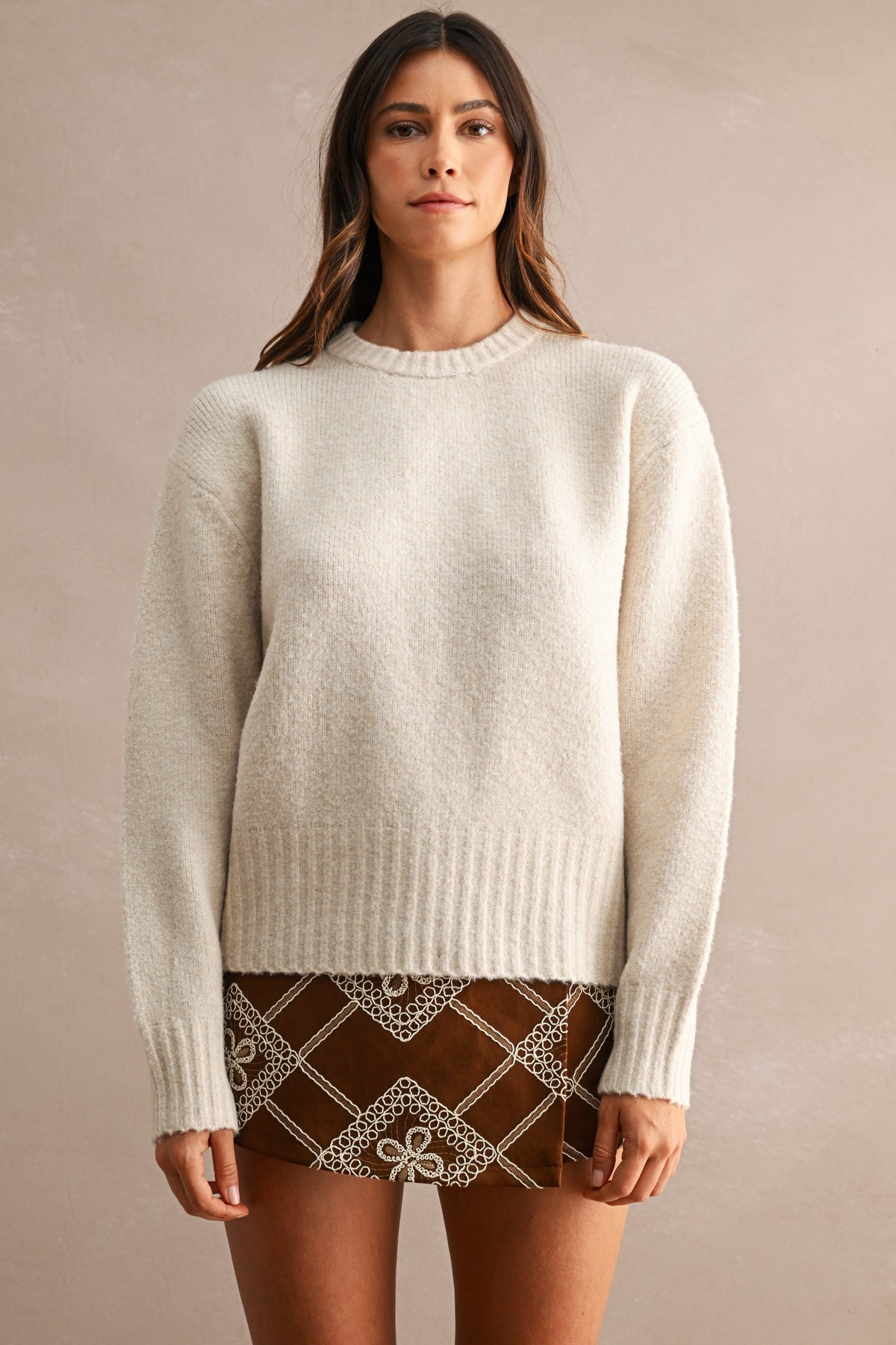 Maison Marled Crew Neck Knit Sweater in Taupe — close-up of soft brushed marled knit texture