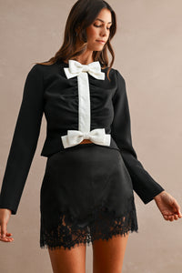 Celine Lace Trim Satin Mini Skirt in Black