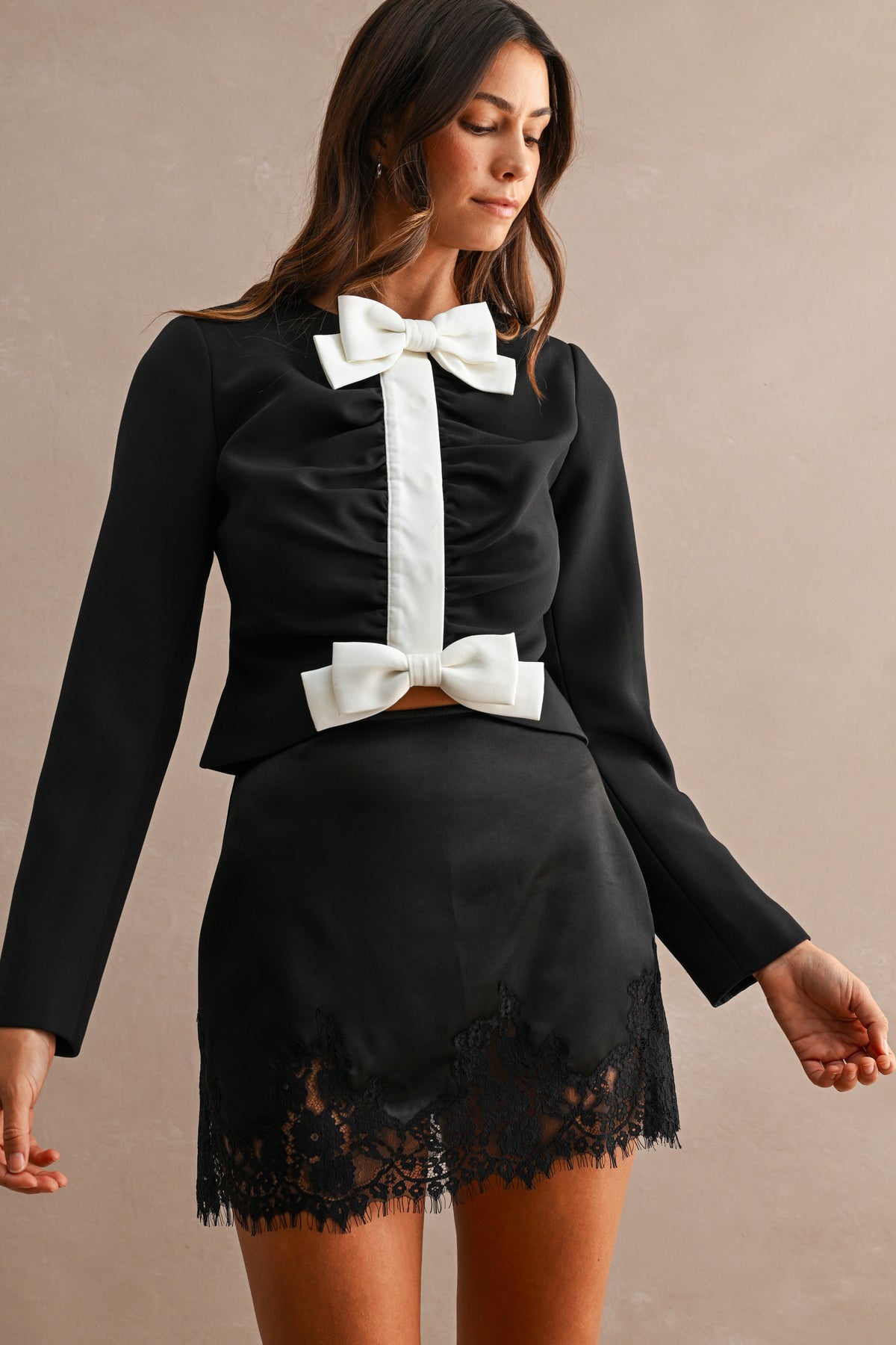 Celine Lace Trim Satin Mini Skirt in Black