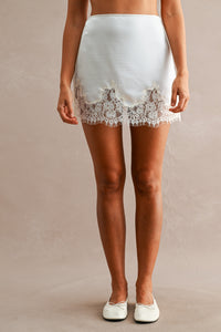 Celine Lace Trim Satin Mini Skirt in Ivory