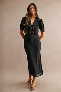 Evangeline Satin Lace Trim Tie Front Top in Black
