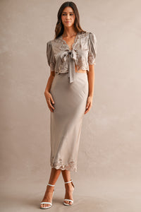 Evangeline Satin Lace Trim Tie Front Top in Mocha