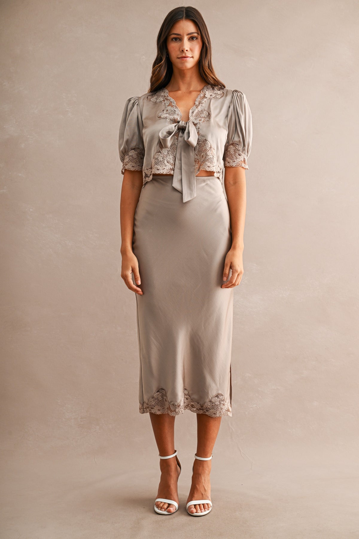 Evangeline Satin Lace Trim Tie Front Top in Mocha