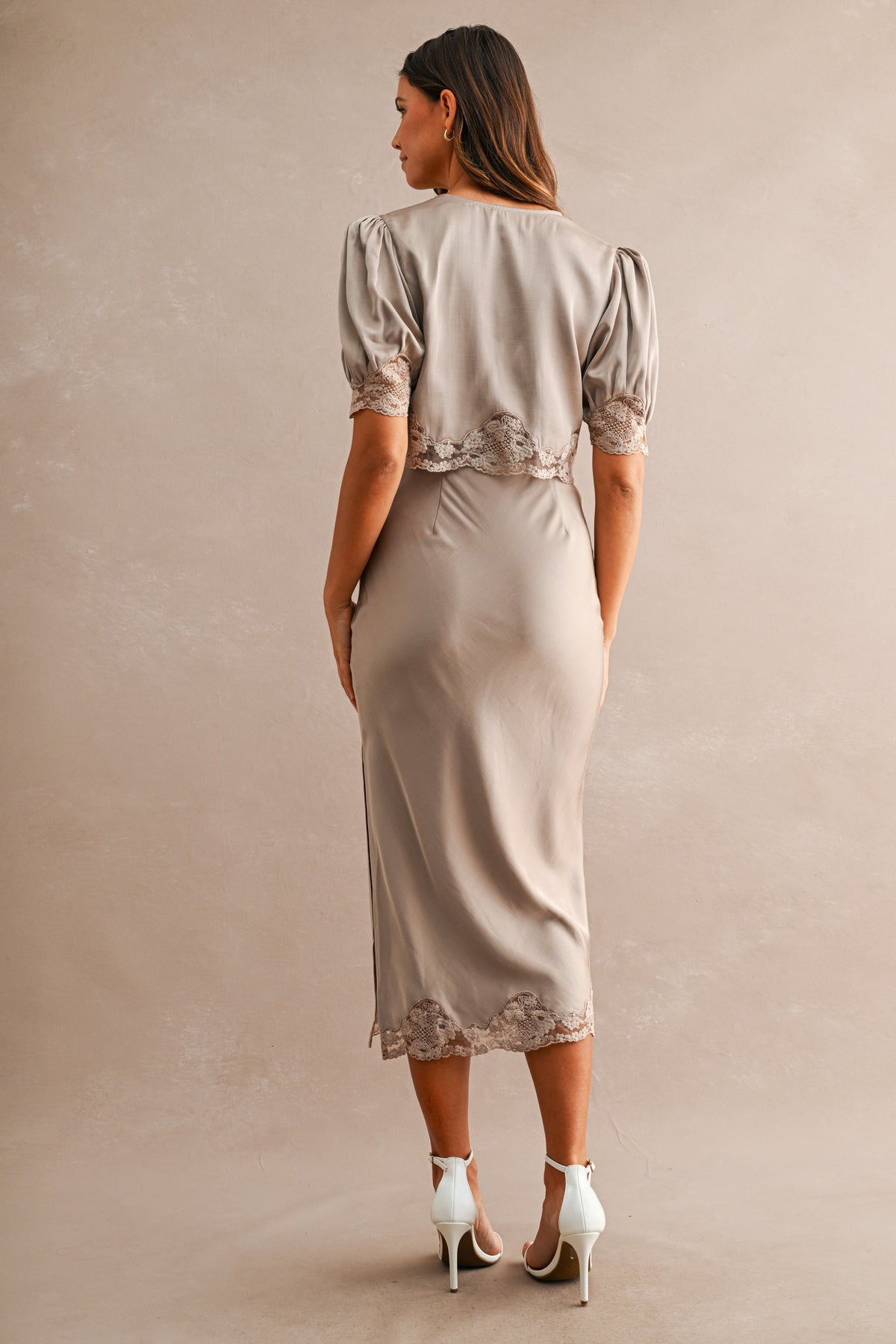 Evangeline Satin Lace Trim Tie Front Top in Mocha