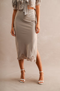 Evangeline Satin Lace Trim Midi Skirt in Mocha