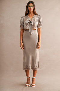 Evangeline Satin Lace Trim Midi Skirt in Mocha