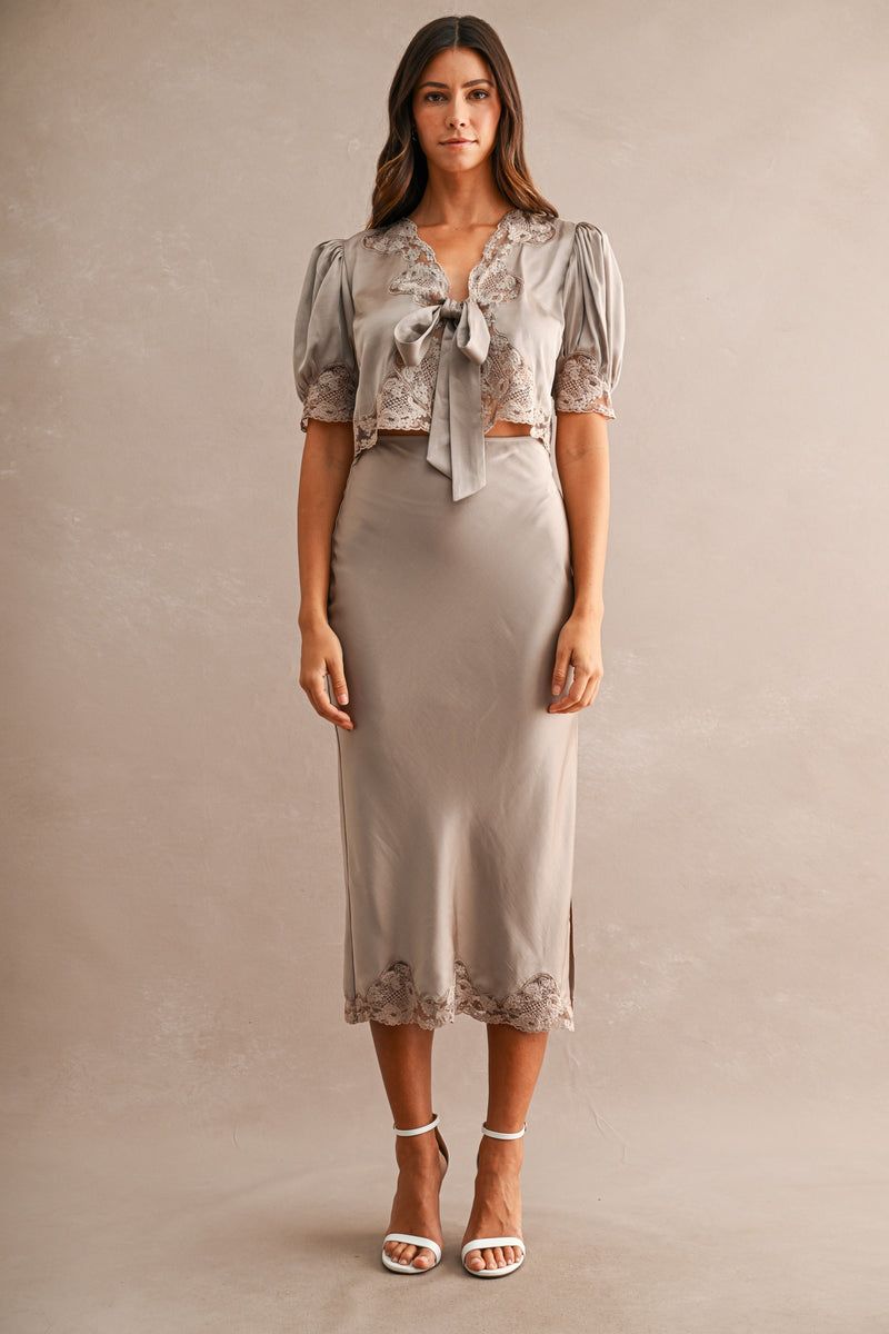 Evangeline Satin Lace Trim Midi Skirt in Mocha — front view on model