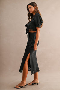 Evangeline Satin Lace Trim Midi Skirt in Black