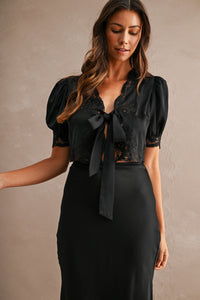 Evangeline Satin Lace Trim Tie Front Top in Black