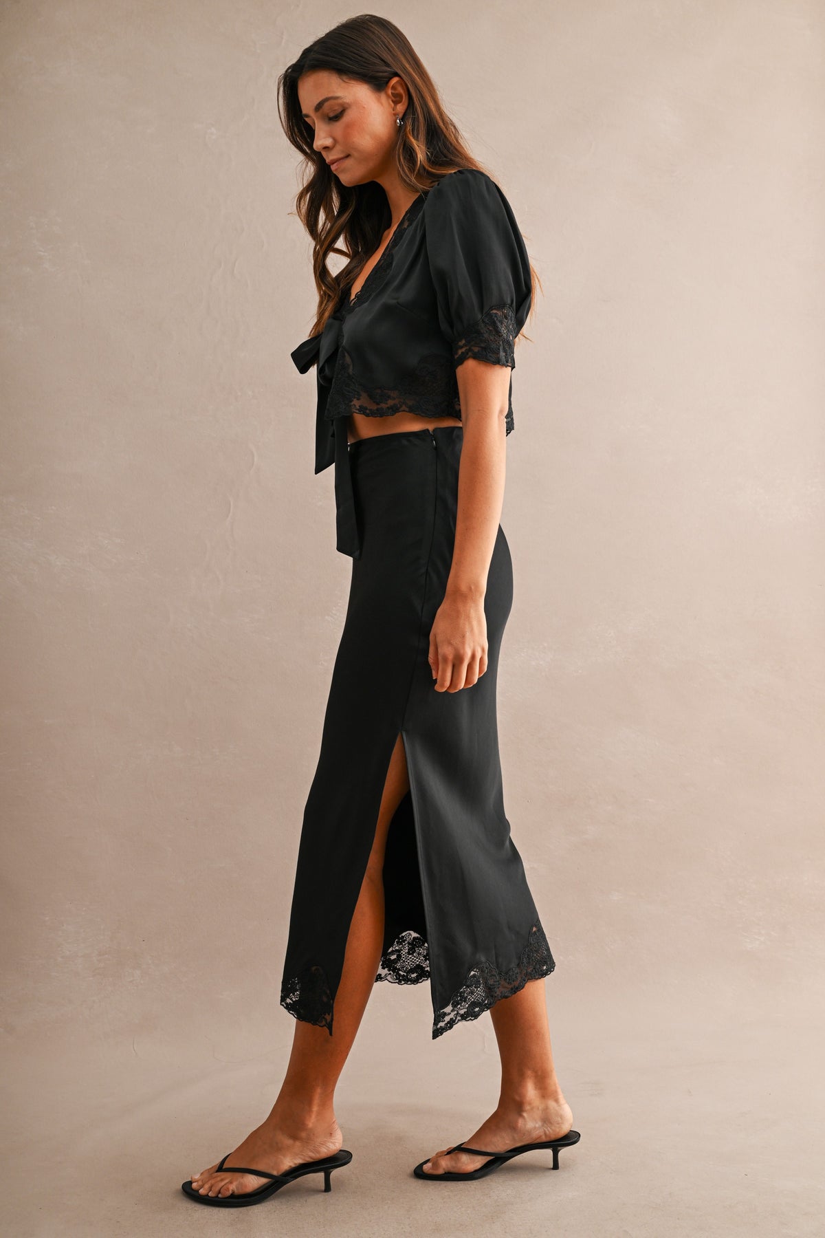 Evangeline Satin Lace Trim Midi Skirt in Black