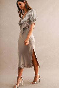 Evangeline Satin Lace Trim Midi Skirt in Mocha