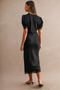 Evangeline Satin Lace Trim Midi Skirt in Black