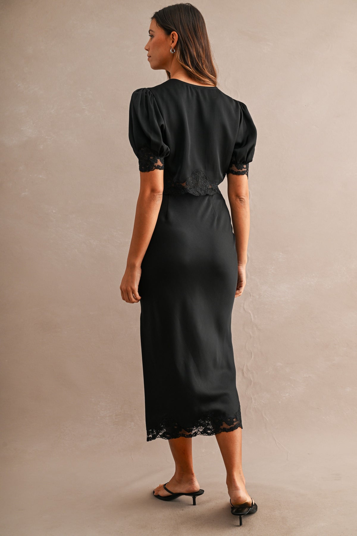 Evangeline Satin Lace Trim Midi Skirt in Black