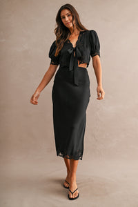Evangeline Satin Lace Trim Midi Skirt in Black