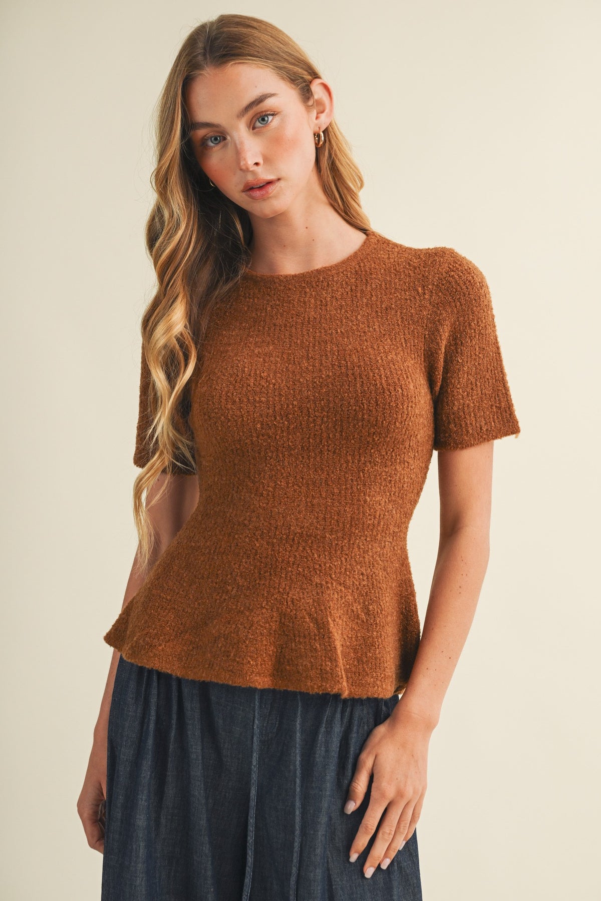 Boucle Peplum Knit Sweater Top in Camel