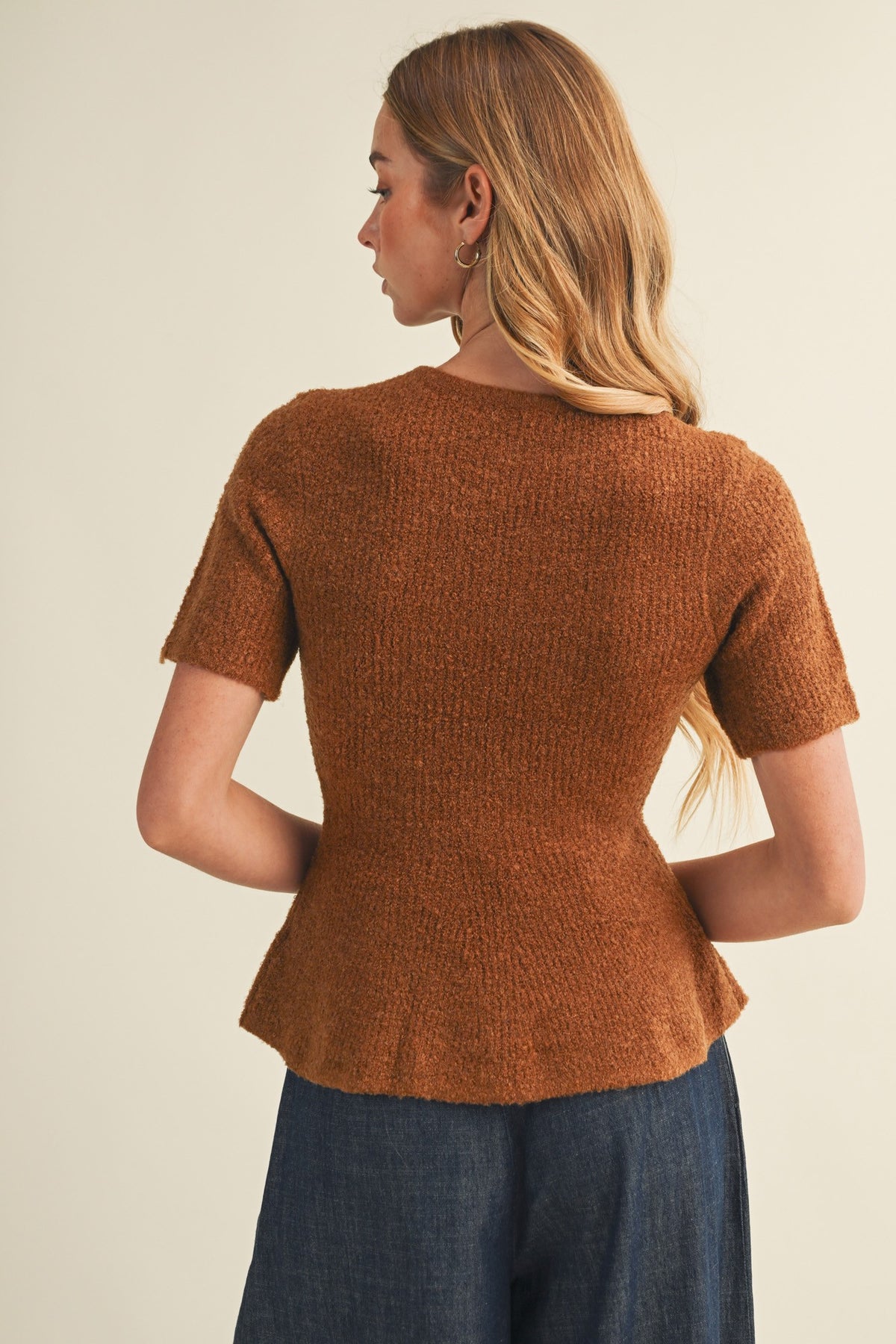 Boucle Peplum Knit Sweater Top in Camel