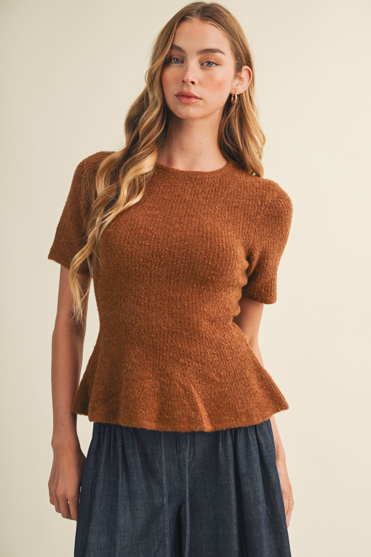Boucle Peplum Knit Sweater Top in Camel
