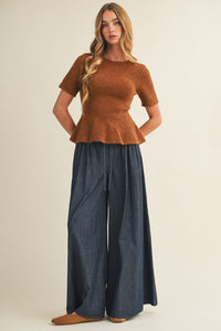 Boucle Peplum Knit Sweater Top in Camel