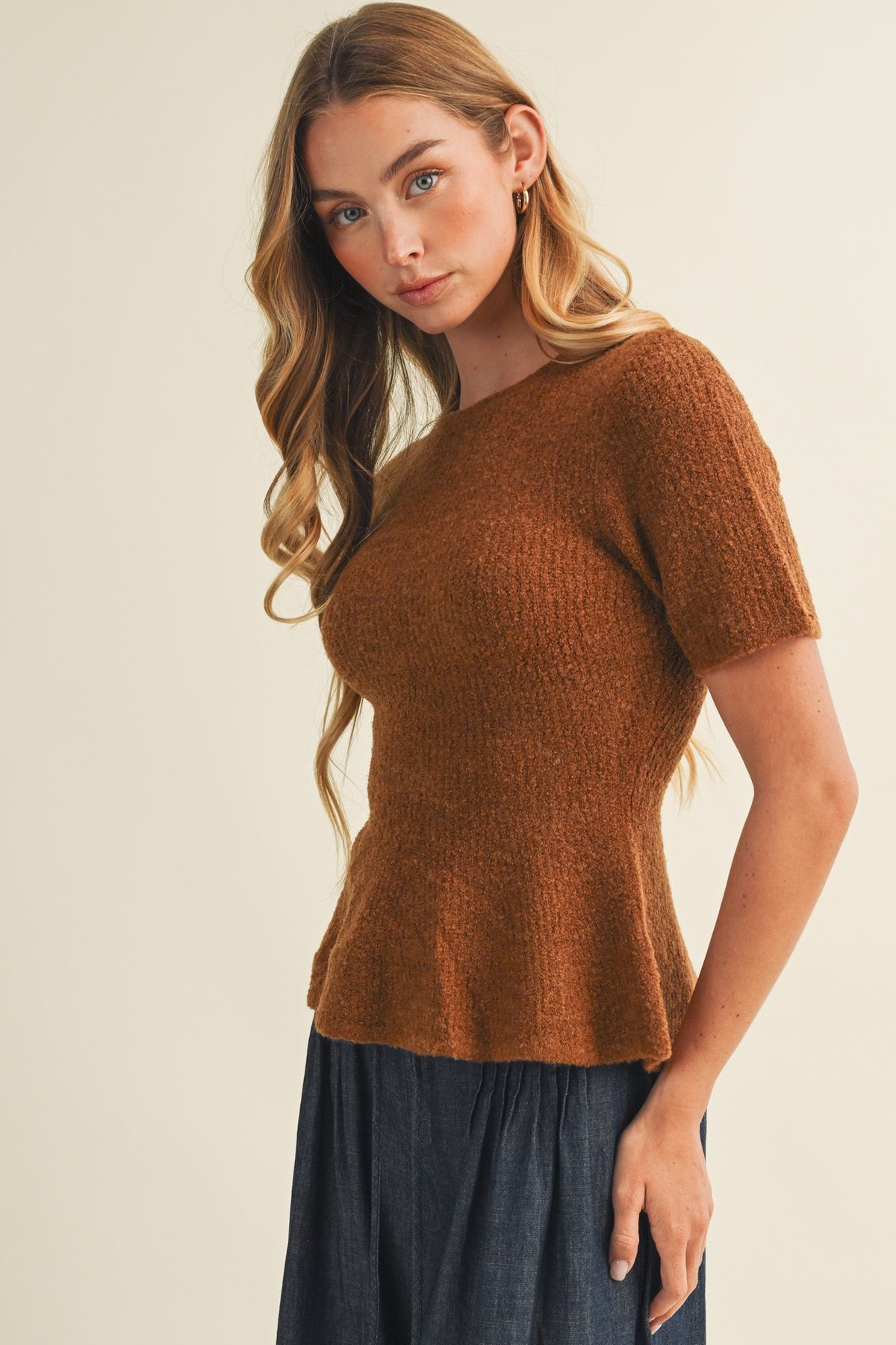 Boucle Peplum Knit Sweater Top in Camel