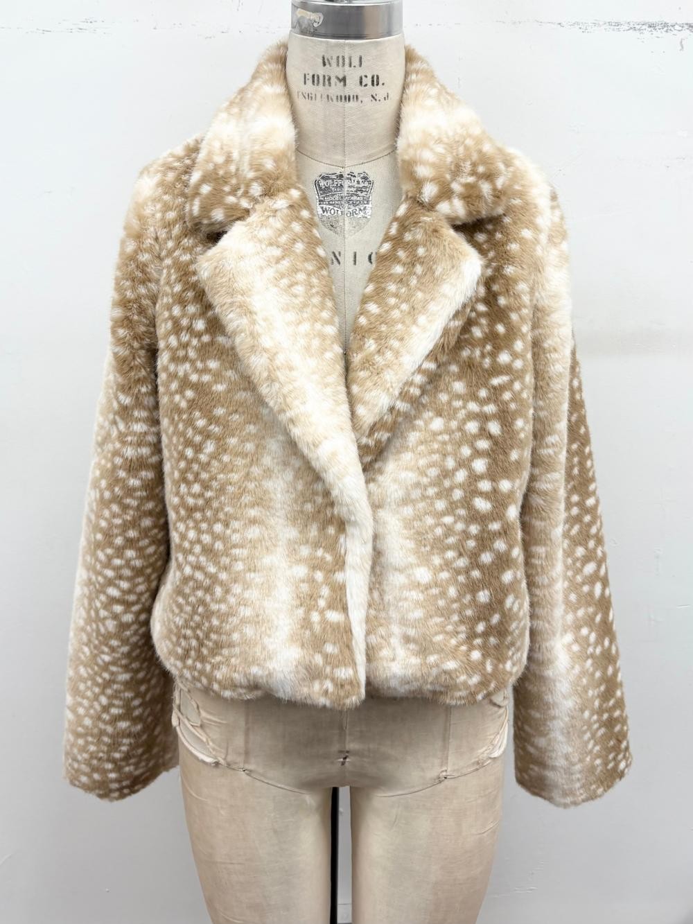 Bambi Spotted Faux Fur Cropped Jacket in Tan — back view on model