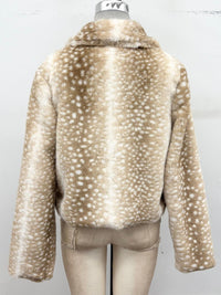 Bambi Spotted Faux Fur Cropped Jacket in Tan — side view showing notched lapels and cropped silhouette
