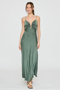 Evangeline Satin Plunge Maxi Dress in Hunter Green