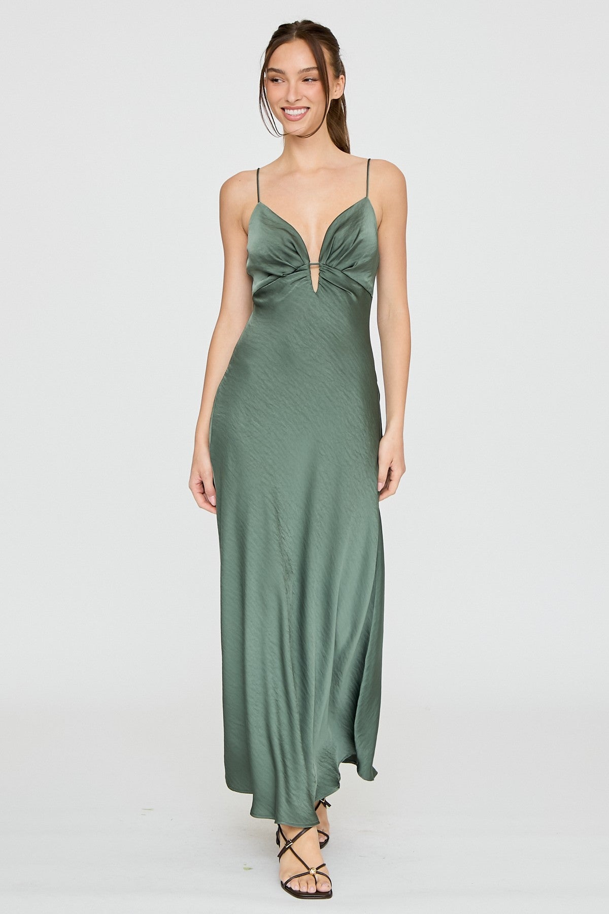 Evangeline Satin Plunge Maxi Dress in Hunter Green