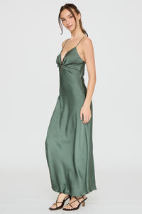 Evangeline Satin Plunge Maxi Dress in Hunter Green